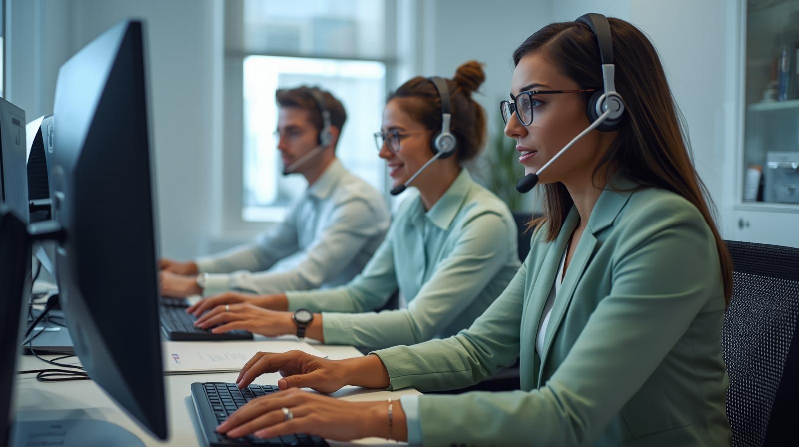 sala pequena com 3 pessoas de perfil no suporte tecnico. sala com clara e iluminada. roupas sociais de trabalho cor verde claro. homens e mulheres